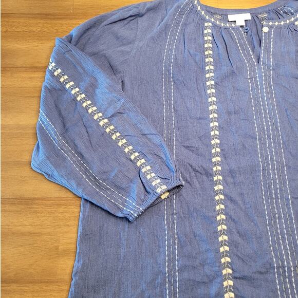 J. Jill Blue Embroidered Peasant Blouse Long Sleeve Medium EUC - Picture 6 of 13